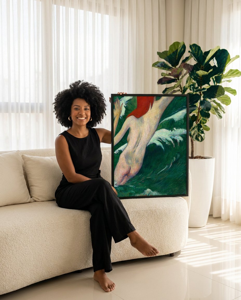 Quadro Decorativo A Mulher na Ondas - Gauguin com modelo em ambiente