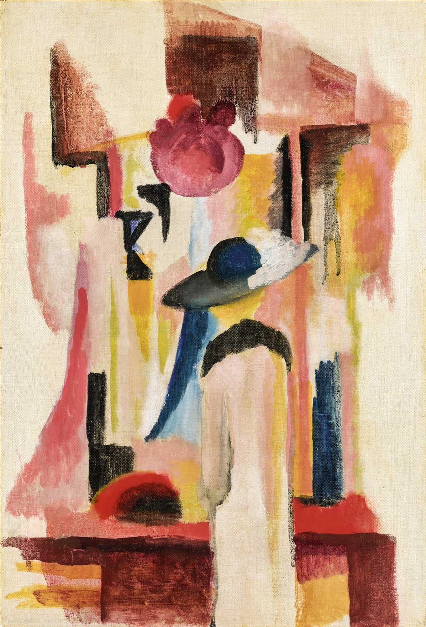 Quadro decorativo colorido em estilo expressionista, com formas abstratas e uma figura feminina estilizada usando um chapéu azul, em tons de rosa, amarelo, azul e marrom. A tela tem textura visível.