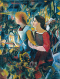 Pintura de August Macke, 'Duas Garotas', com duas figuras femininas em um cenário urbano abstrato com cores vivas como azul, amarelo e vermelho. As formas são geométricas e fragmentadas, características do Expressionismo.