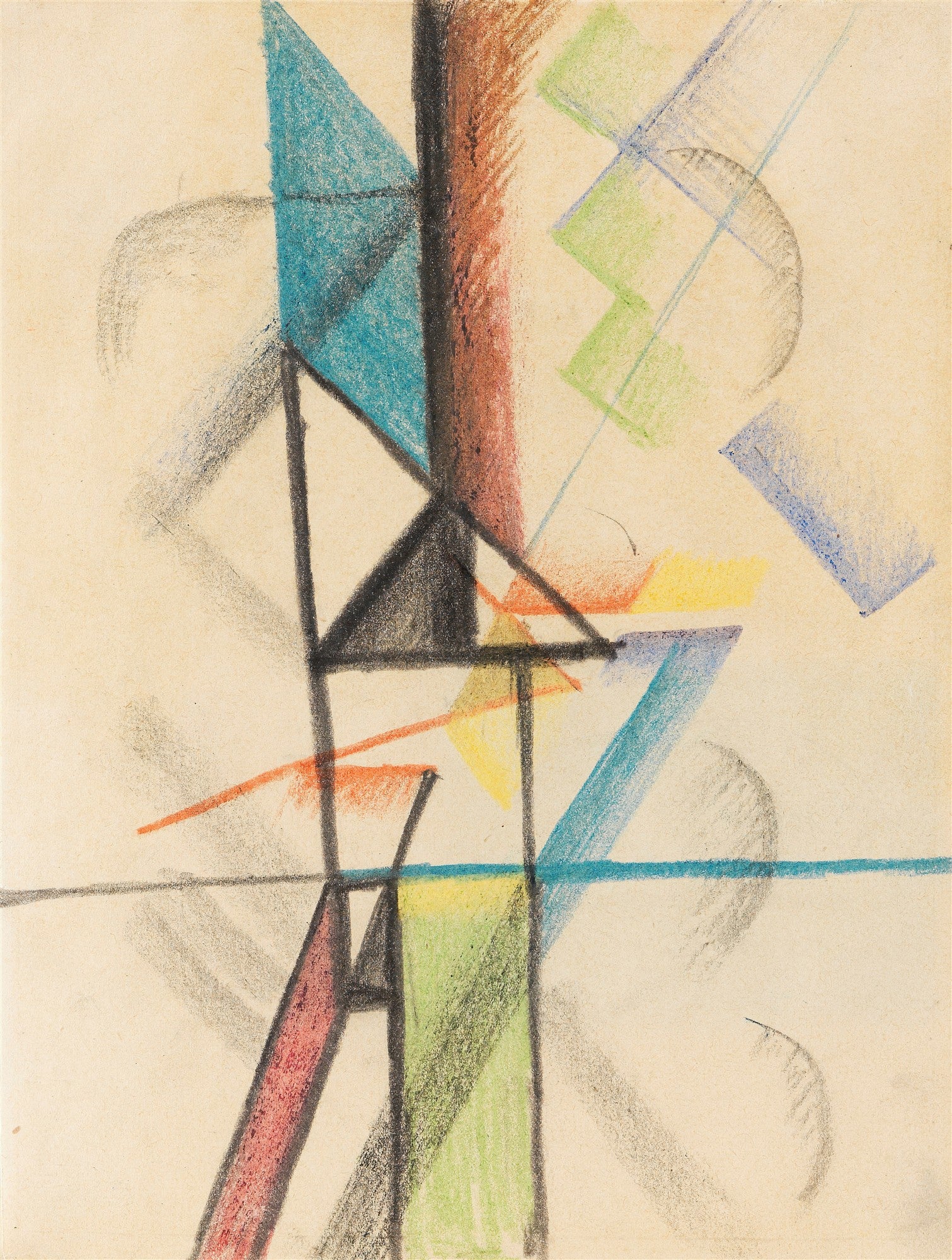 Composição abstrata de August Macke com formas geométricas como triângulos e linhas em tons de azul, verde, vermelho, amarelo e marrom, sobre fundo claro. A técnica parece ser lápis de cor ou giz.