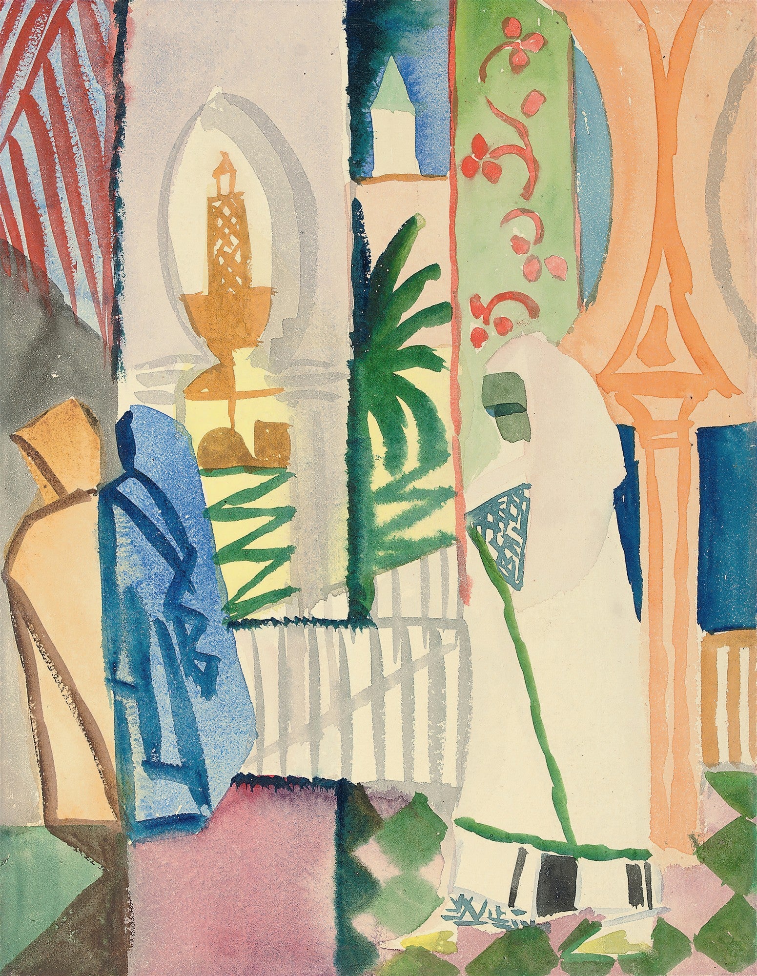 Aquarela de August Macke com cena oriental. Pessoas vestidas em túnicas brancas e azuis, elementos arquitetônicos e vegetação em tons de verde, laranja e azul. Estilo expressionista com cores vibrantes.