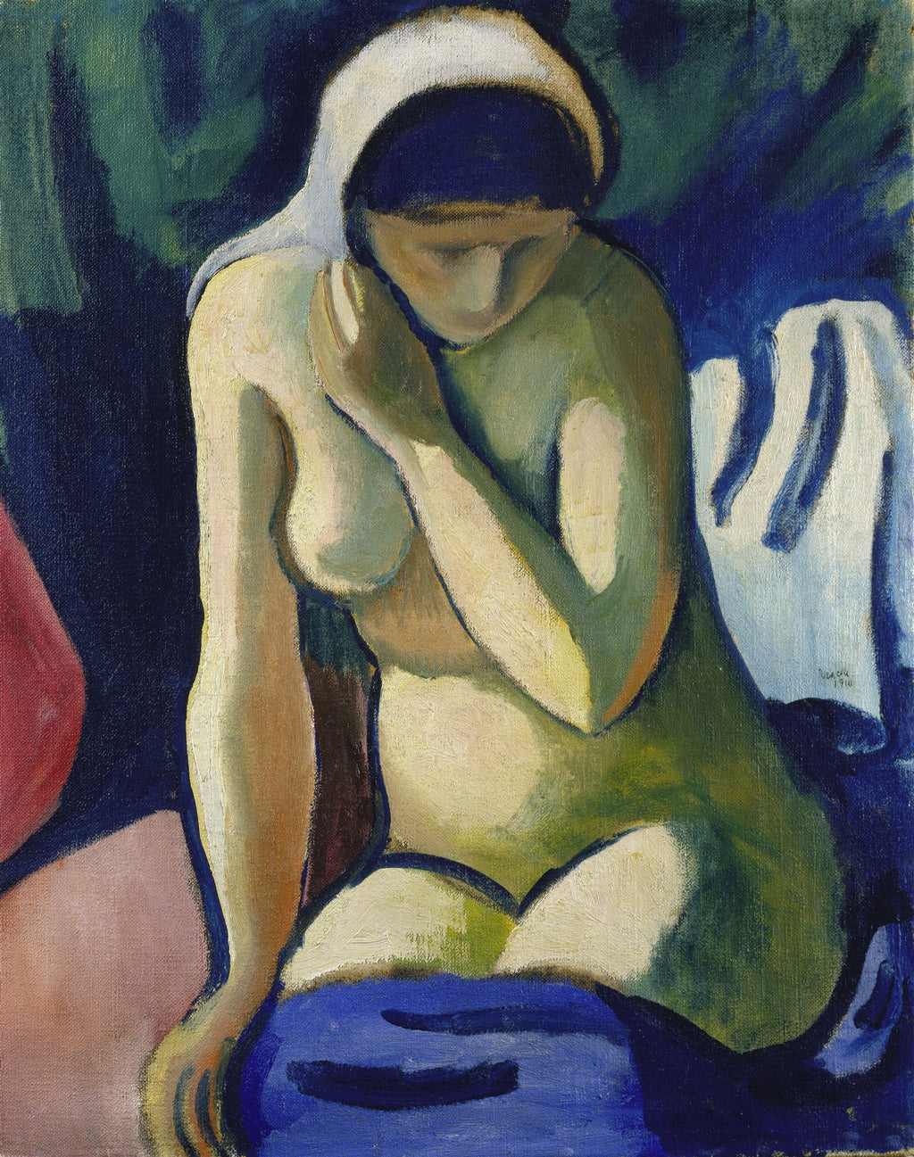 Pintura a óleo de August Macke, "Nu sentado com lenço branco", retratando uma mulher de perfil sentada, parcialmente nua, com um lenço branco na cabeça, em tons de azul, verde e ocre.