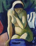 Pintura a óleo de August Macke, "Nu sentado com lenço branco", retratando uma mulher de perfil sentada, parcialmente nua, com um lenço branco na cabeça, em tons de azul, verde e ocre.