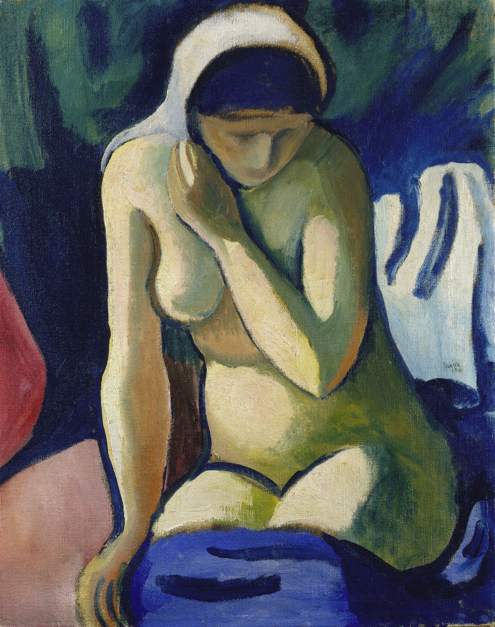 Pintura a óleo de August Macke, "Nu sentado com lenço branco", retratando uma mulher de perfil sentada, parcialmente nua, com um lenço branco na cabeça, em tons de azul, verde e ocre.
