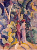 Quadro decorativo colorido de August Macke, "Casal no Jardim", com um homem e uma mulher de costas em um jardim abstrato de cores vibrantes e pinceladas soltas. Predominam tons de azul, verde, amarelo e rosa.