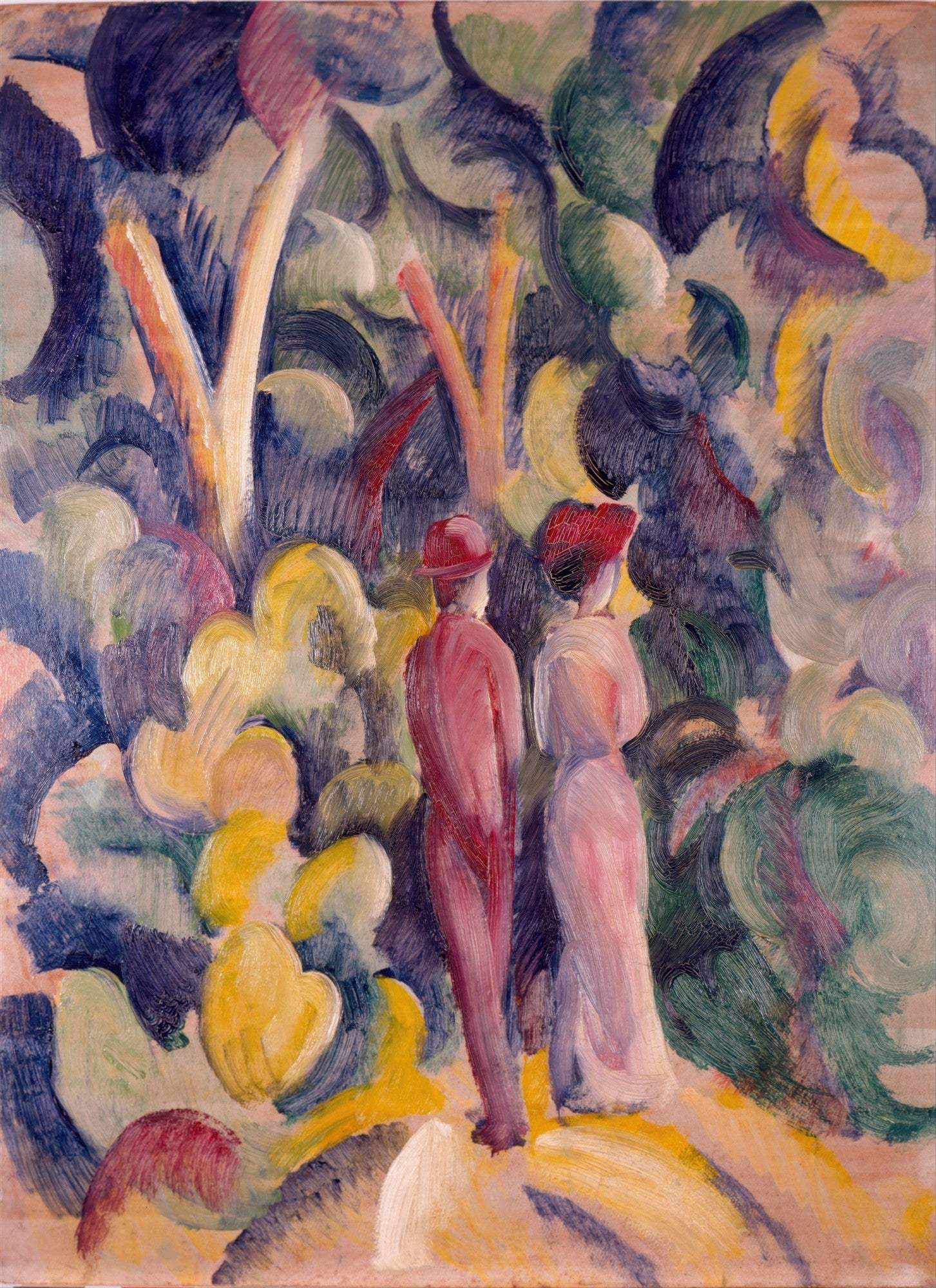 Quadro decorativo colorido de August Macke, "Casal no Jardim", com um homem e uma mulher de costas em um jardim abstrato de cores vibrantes e pinceladas soltas. Predominam tons de azul, verde, amarelo e rosa.