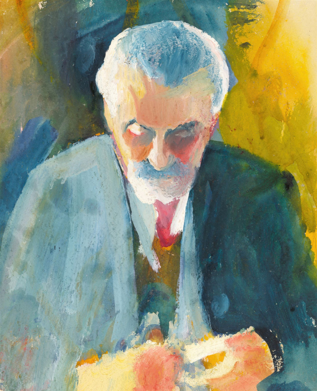Retrato de um homem idoso com barba branca, terno azul e gravata vermelha, em estilo expressionista com cores vibrantes de August Macke.