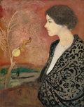 Pintura a óleo de August Macke, "A Mulher no Xale Oriental", mostrando uma mulher de perfil com xale estampado, olhando para uma paisagem avermelhada com uma árvore e um pequeno barco.