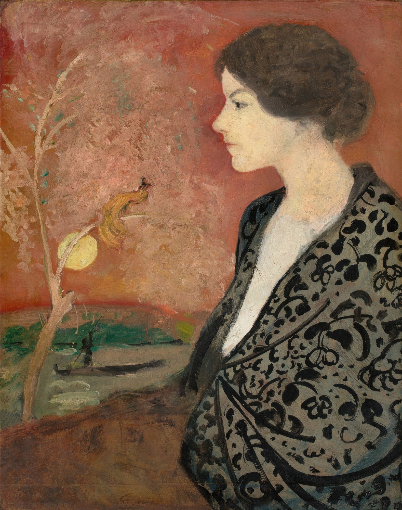 Pintura a óleo de August Macke, "A Mulher no Xale Oriental", mostrando uma mulher de perfil com xale estampado, olhando para uma paisagem avermelhada com uma árvore e um pequeno barco.
