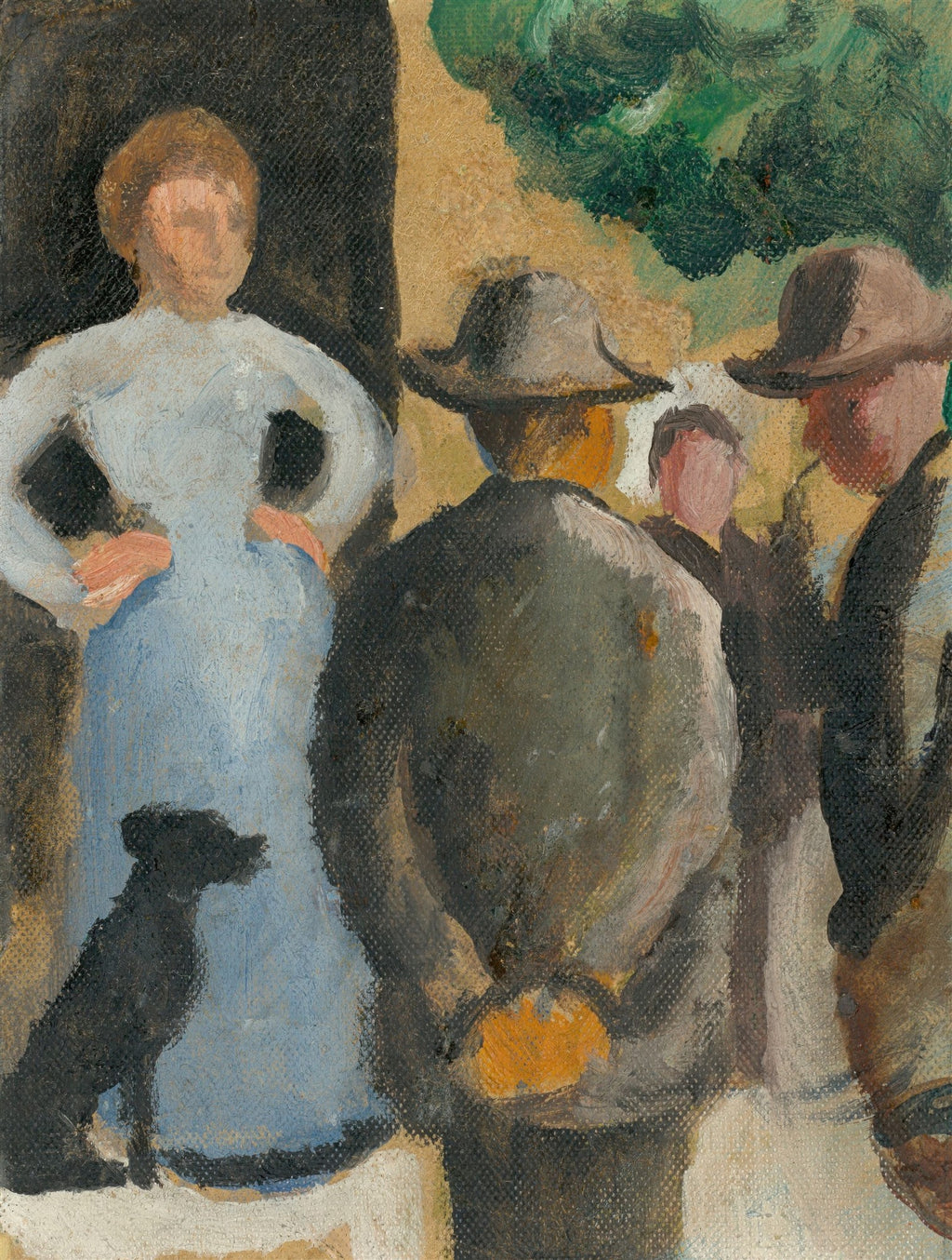 Pintura de August Macke, "Street Scene with Figures", retratando uma mulher de vestido azul e um cachorro preto à esquerda, e vários homens de chapéu de costas à direita, em um ambiente externo com vegetação. As cores são suaves e as formas simplificadas.