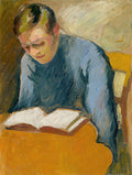 Pintura de August Macke, 'O Leitor', retratando uma pessoa absorta em um livro aberto sobre uma mesa amarela, com tons azuis e terrosos.