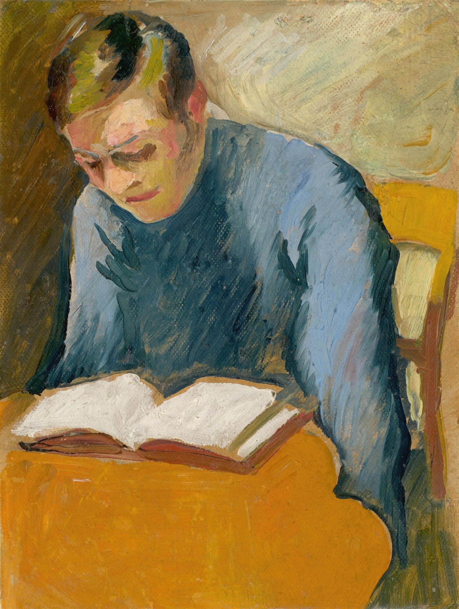 Pintura de August Macke, 'O Leitor', retratando uma pessoa absorta em um livro aberto sobre uma mesa amarela, com tons azuis e terrosos.