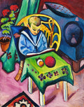 Pintura a óleo de August Macke, intitulada 'O Menino Lendo', retratando um menino vestido de marinheiro lendo um livro em uma mesa com toalha verde, cercado por cores vibrantes e formas simplificadas, em estilo expressionista.