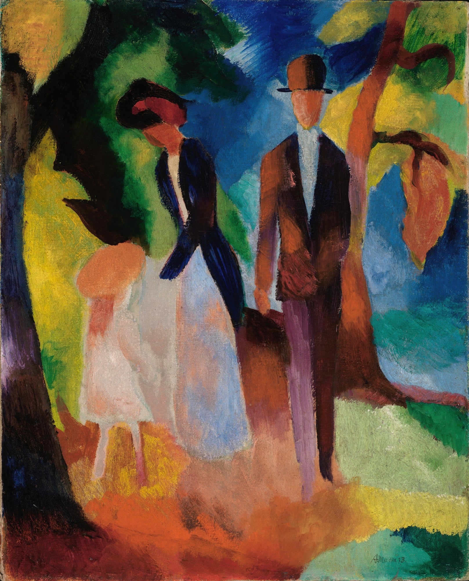 Pintura a óleo de August Macke, 'Família no Parque'. A obra apresenta três figuras estilizadas – um homem de chapéu, uma mulher e uma criança – caminhando em um parque vibrante. As cores são ousadas e não realistas, com tons de azul, verde, amarelo, laranja e marrom que criam uma atmosfera energética e onírica. As formas são simplificadas, típicas do expressionismo.