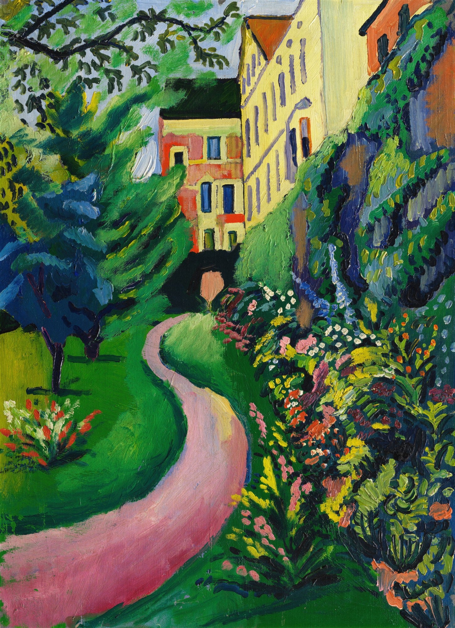 Quadro decorativo colorido de August Macke, "Jardim em Berna", com caminho rosa, árvores verdes, flores e edifícios amarelos e vermelhos. Impressão fine art.