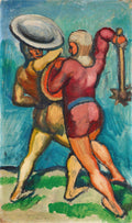 Quadro decorativo com pintura expressionista de dois gladiadores em combate, com cores vibrantes de vermelho, amarelo e azul, atribuído a August Macke.