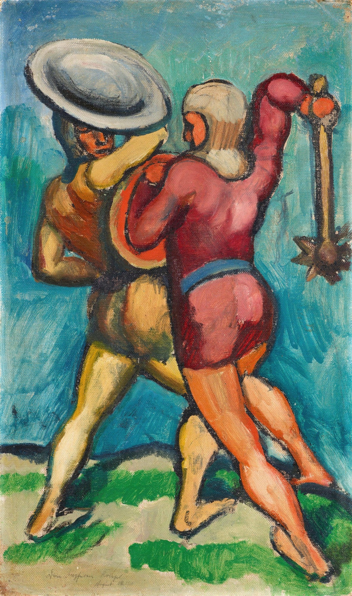 Quadro decorativo com pintura expressionista de dois gladiadores em combate, com cores vibrantes de vermelho, amarelo e azul, atribuído a August Macke.