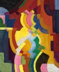 Quadro abstrato de August Macke com formas geométricas e curvas em tons vibrantes de amarelo, azul, verde, rosa e vermelho, com fundo escuro.