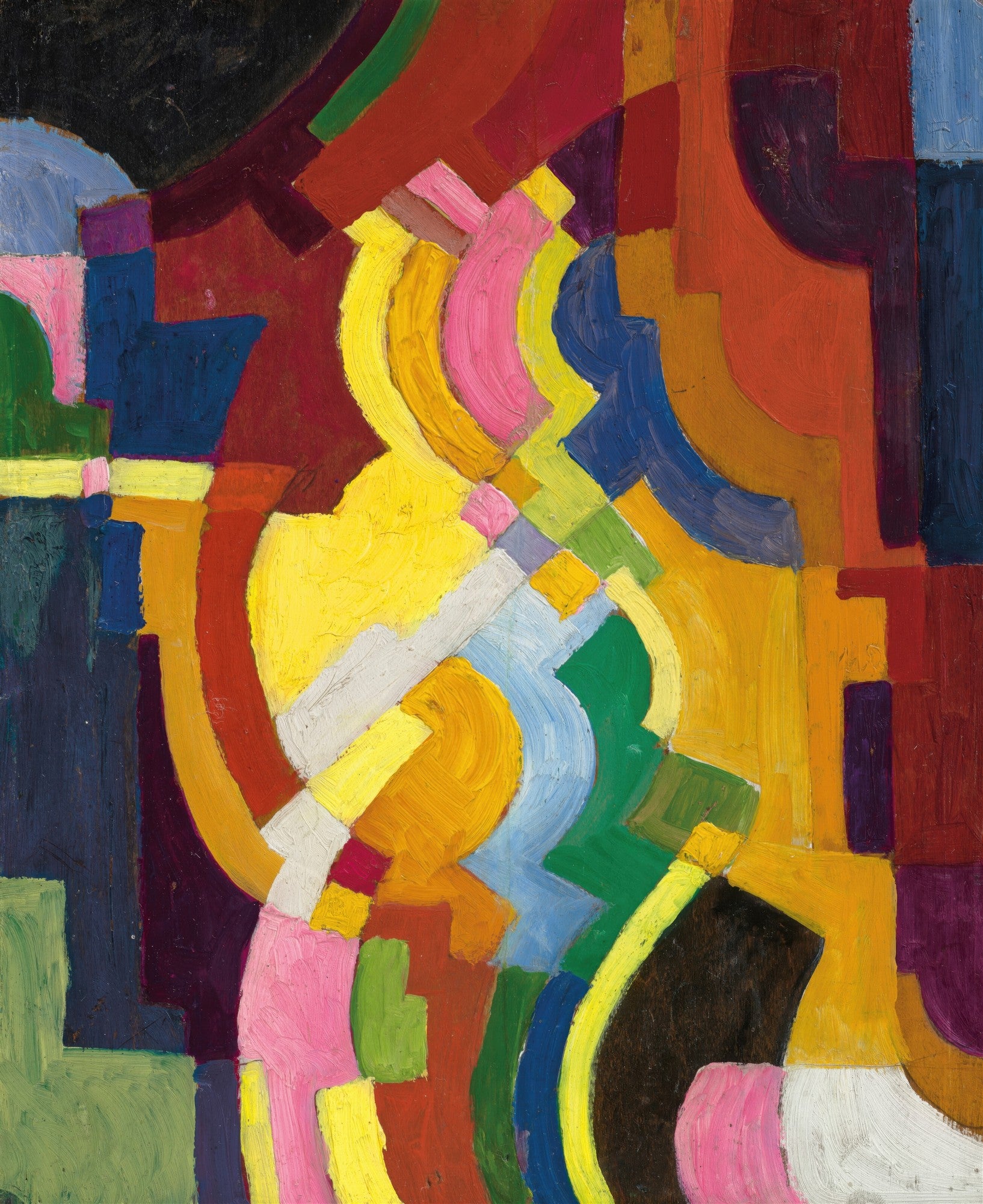 Quadro abstrato de August Macke com formas geométricas e curvas em tons vibrantes de amarelo, azul, verde, rosa e vermelho, com fundo escuro.