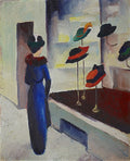 Quadro de August Macke, 'A Mulher na Loja de Chapeus', mostra uma mulher de costas com um vestido azul, admirando chapéus coloridos em uma vitrine, com estilo expressionista e cores vibrantes.
