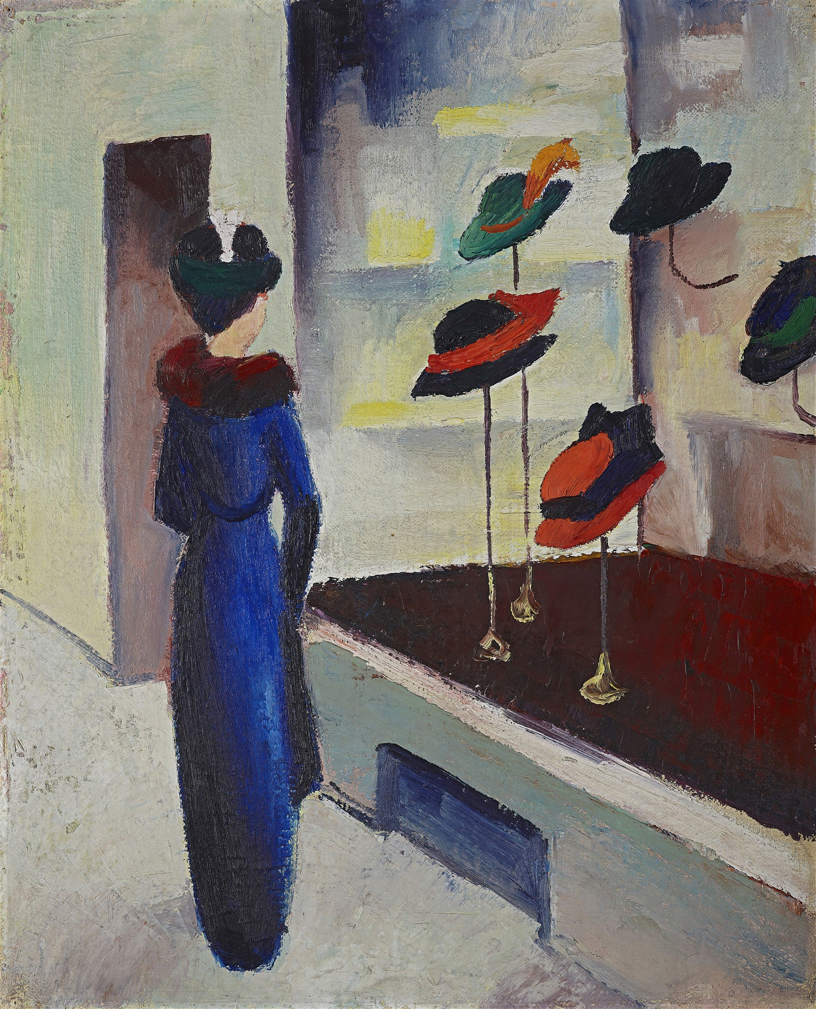 Quadro de August Macke, 'A Mulher na Loja de Chapeus', mostra uma mulher de costas com um vestido azul, admirando chapéus coloridos em uma vitrine, com estilo expressionista e cores vibrantes.