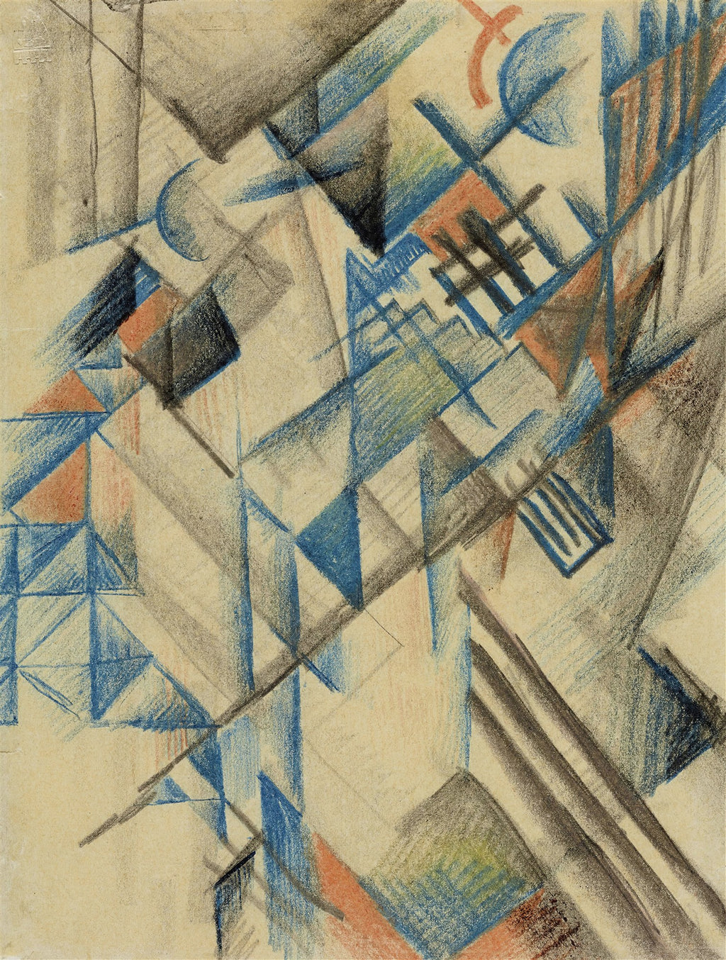 Desenho abstrato com formas geométricas em tons de azul, cinza, laranja e verde, com linhas dinâmicas em um fundo claro, sugerindo uma composição de August Macke.