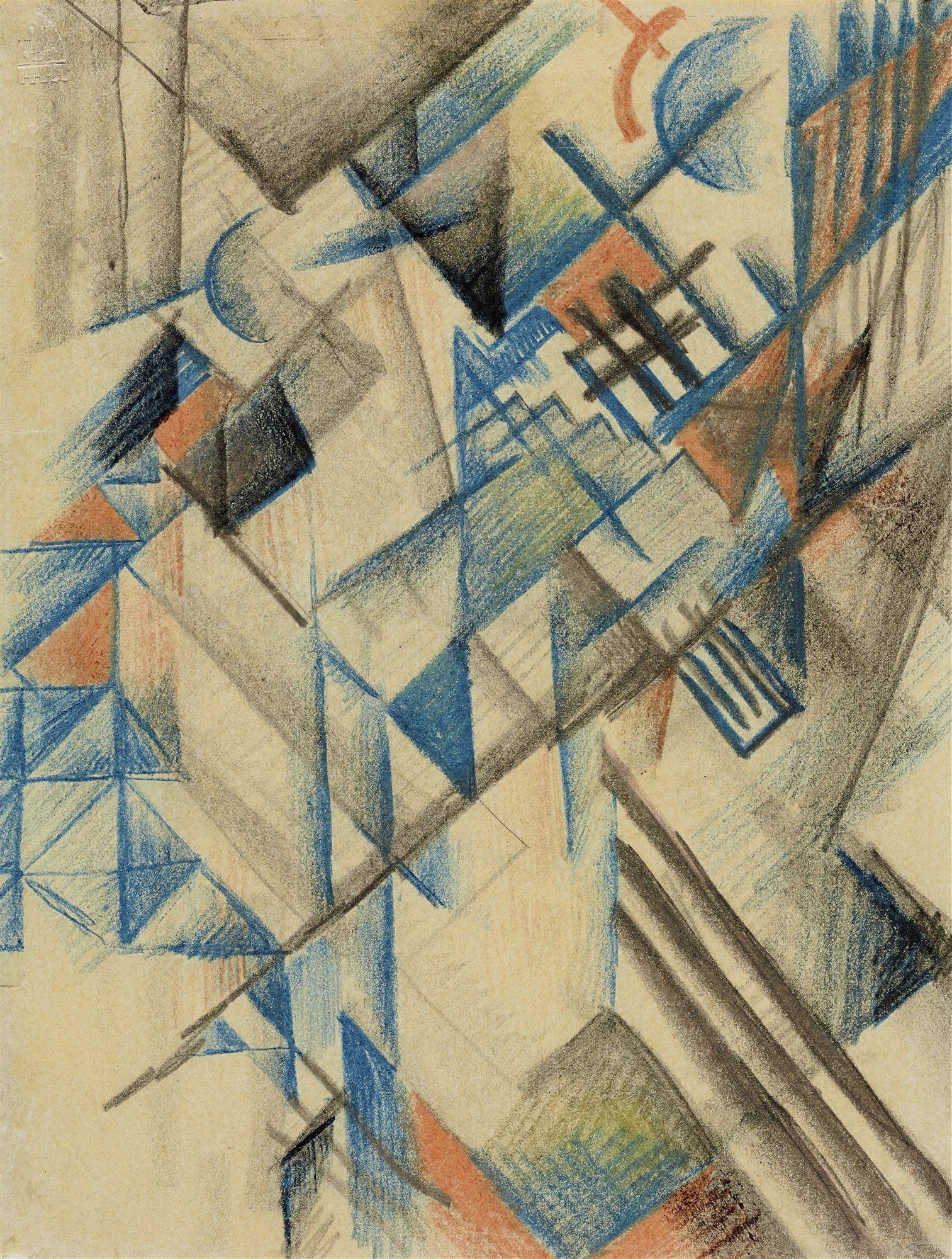 Desenho abstrato com formas geométricas em tons de azul, cinza, laranja e verde, com linhas dinâmicas em um fundo claro, sugerindo uma composição de August Macke.