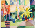 Pintura abstrata de August Macke, 'Fenstergarten', com formas geométricas em tons de amarelo, verde, vermelho e azul, representando um jardim através de uma janela.