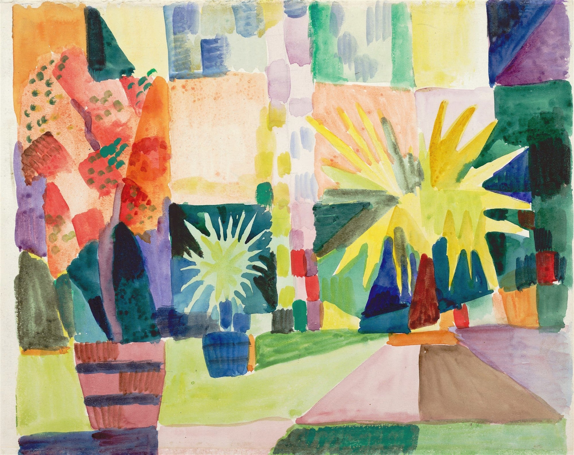 Pintura abstrata de August Macke, 'Fenstergarten', com formas geométricas em tons de amarelo, verde, vermelho e azul, representando um jardim através de uma janela.