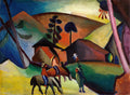 Quadro colorido de August Macke, mostrando dois homens indígenas montados em cavalos e um homem em pé, em uma paisagem montanhosa com casas e árvores, com cores fortes e formas simplificadas características do expressionismo.