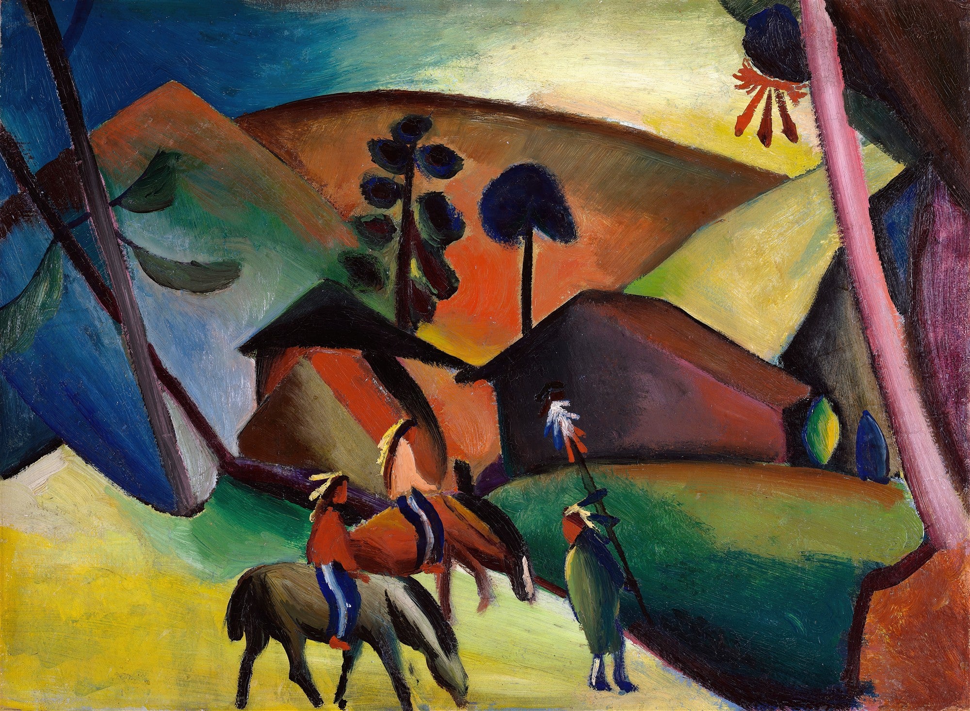 Quadro colorido de August Macke, mostrando dois homens indígenas montados em cavalos e um homem em pé, em uma paisagem montanhosa com casas e árvores, com cores fortes e formas simplificadas características do expressionismo.