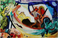 Quadro do artista August Macke, intitulado 'Ninfas e Pescador', exibindo figuras nuas em um ambiente aquático e vibrante, com um pescador em primeiro plano, em estilo expressionista.