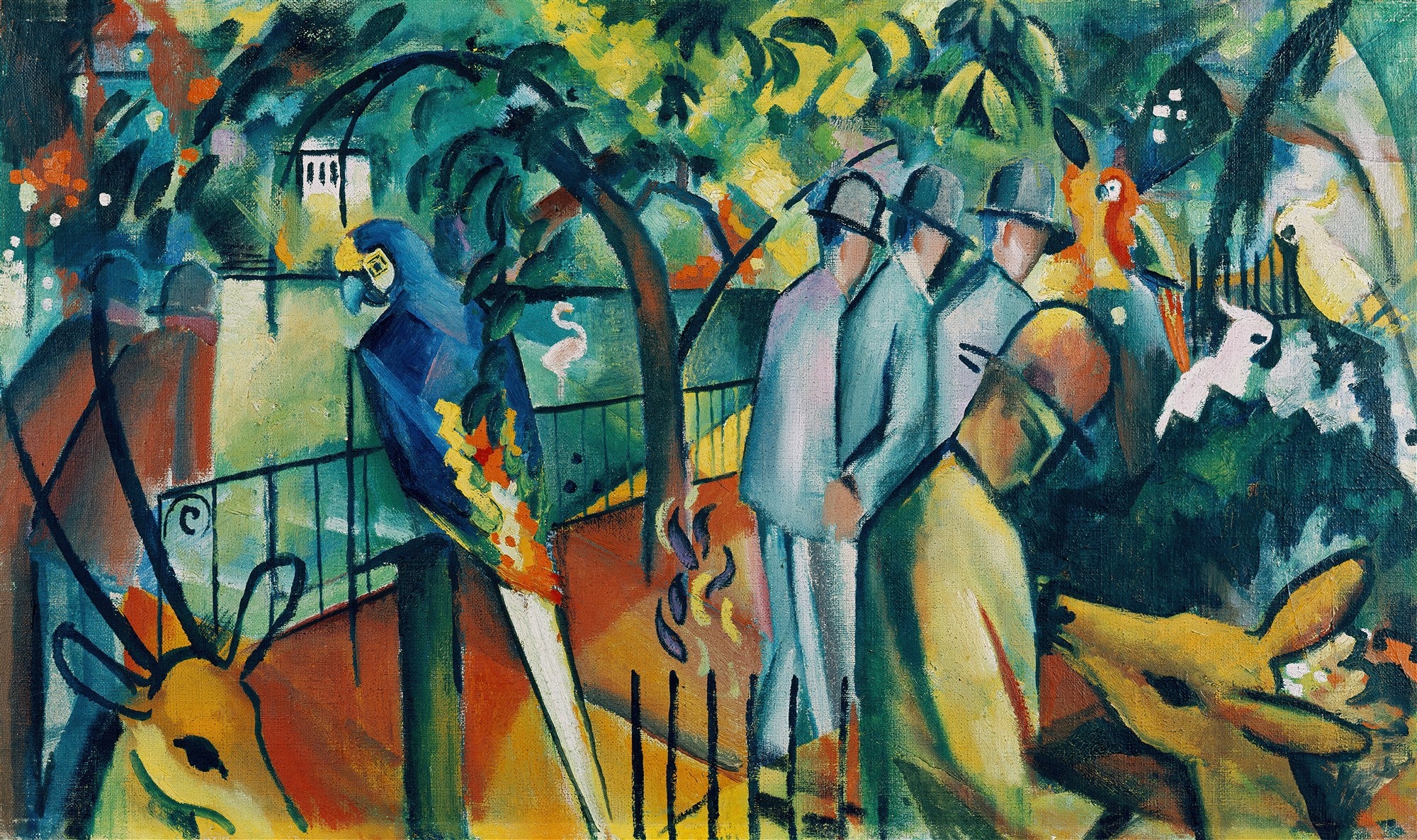 Pintura a óleo de August Macke, 'Parque Zoológico I', representando pessoas e animais em um zoológico, com cores vibrantes em tons de azul, verde, amarelo e laranja, estilo expressionista.