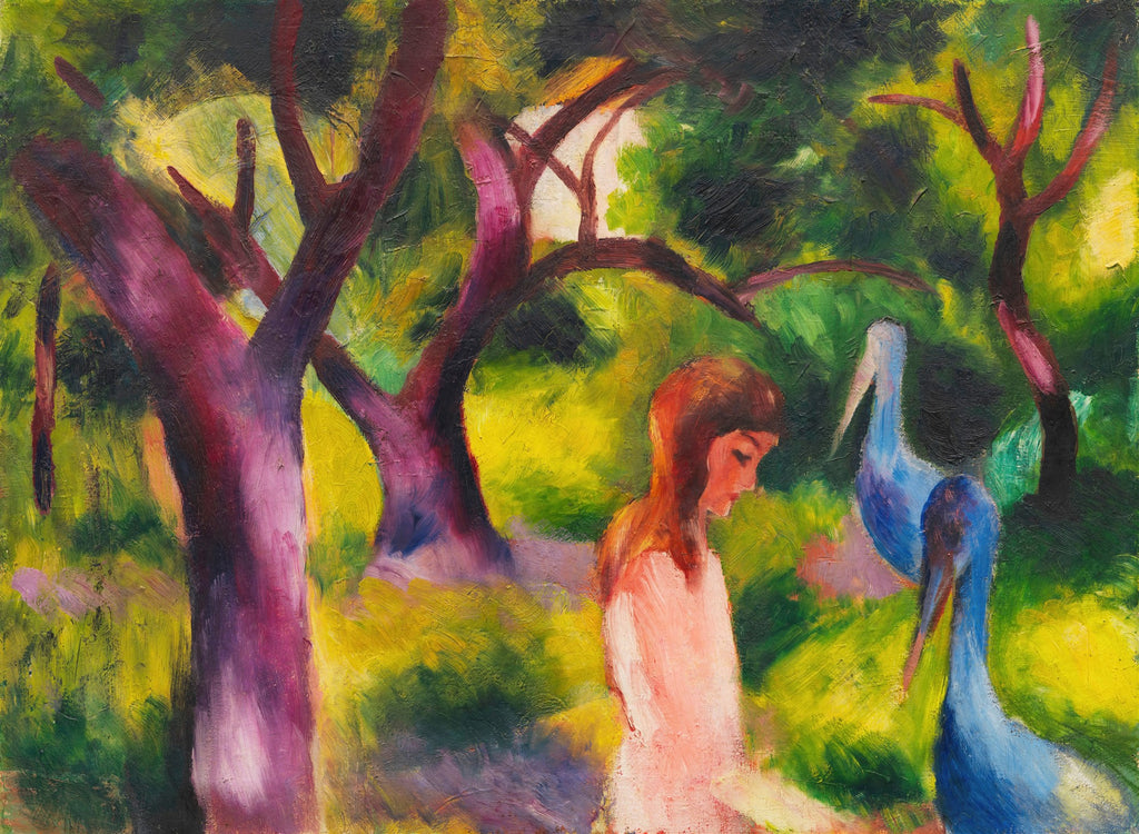 Pintura "Cenas de Jardim" de August Macke, mostrando uma mulher de perfil em um jardim exuberante com árvores de troncos roxos e folhagem verde e amarela, acompanhada por dois pássaros azuis. O estilo é expressivo com pinceladas visíveis e cores vibrantes.