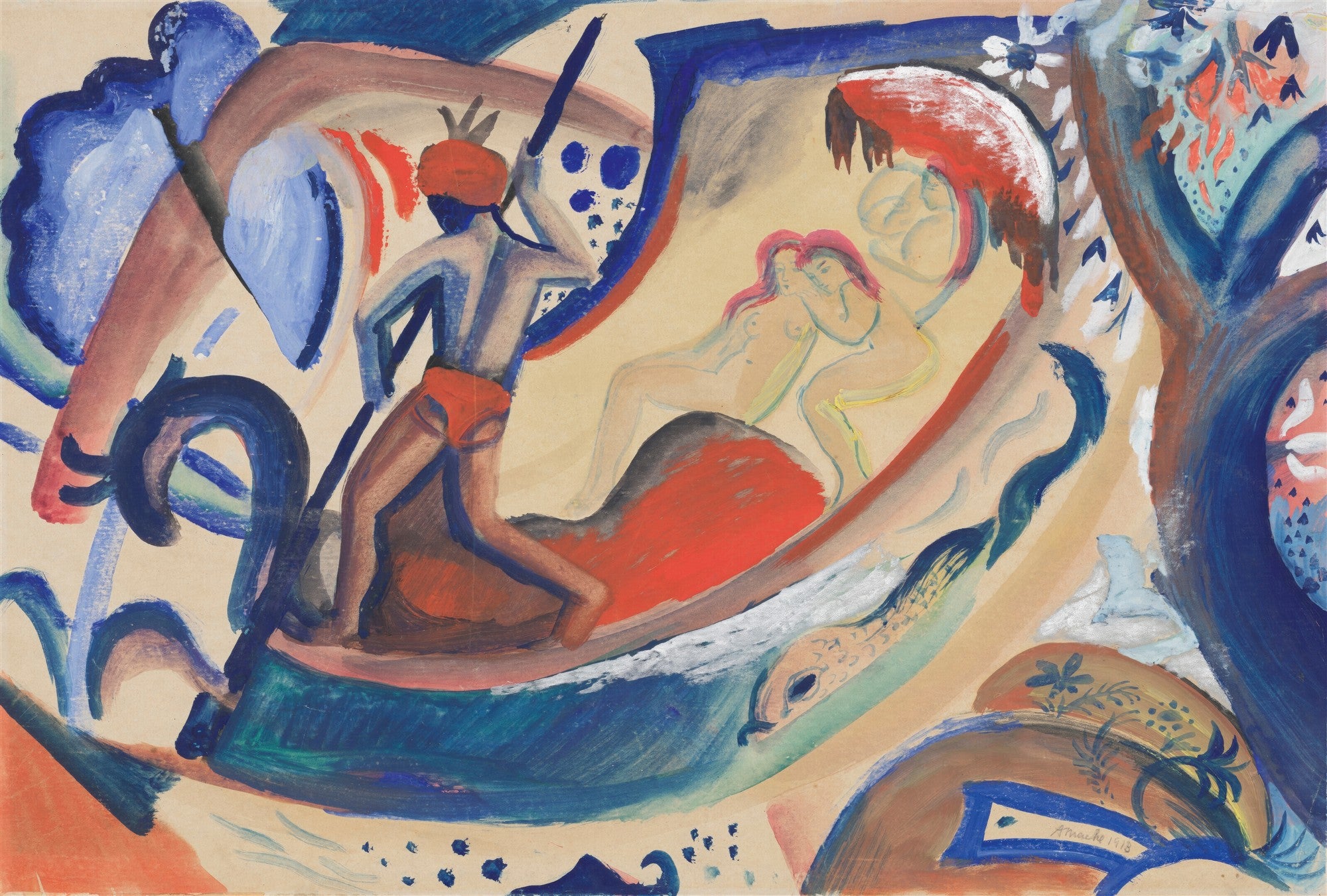 Quadro decorativo com uma cena abstrata de August Macke, exibindo figuras humanas e elementos naturais em tons de azul, vermelho e ocre, com pinceladas expressivas.