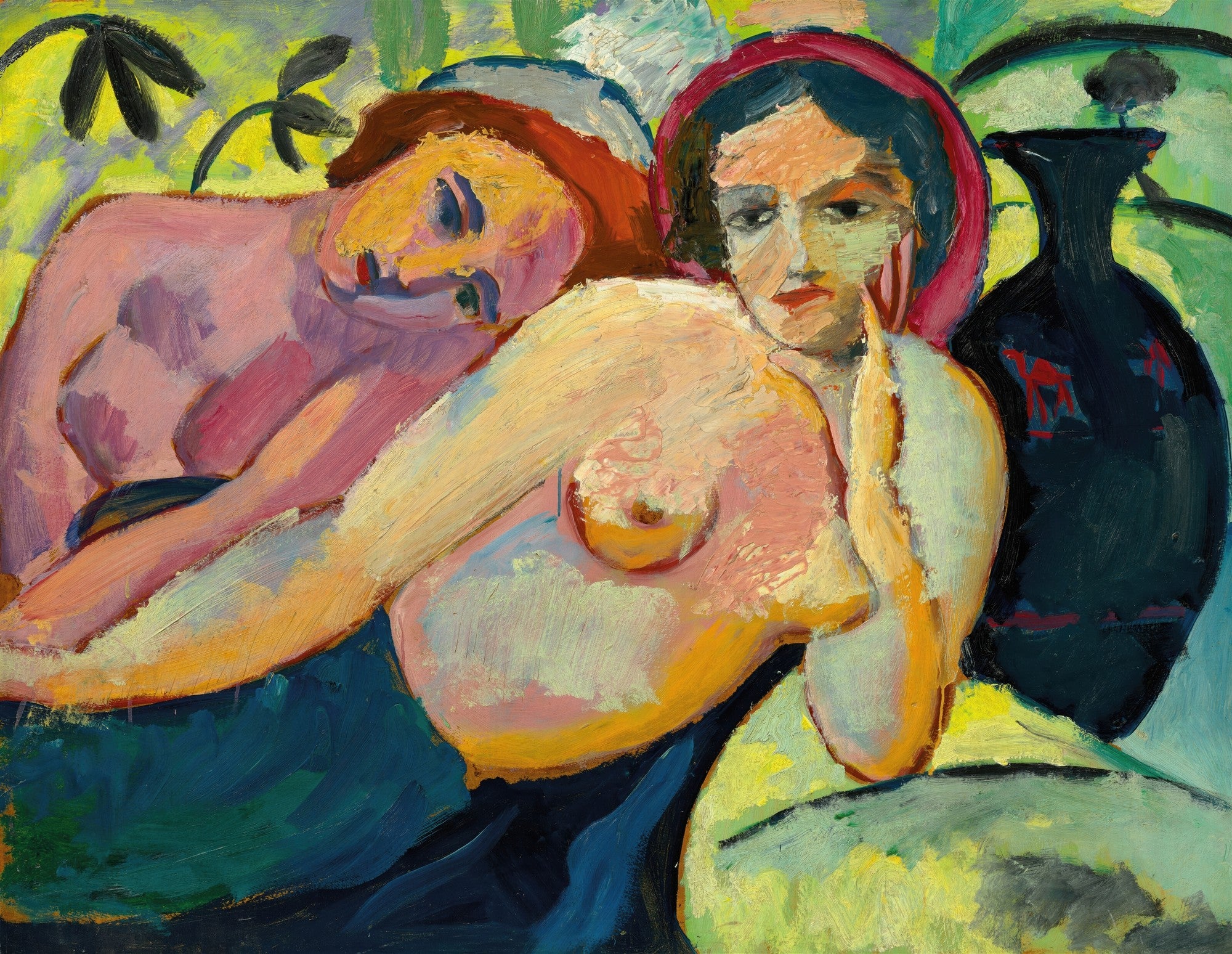 Pintura a óleo vibrante de August Macke, "Duas Mulheres", retratando duas figuras femininas nuas com pinceladas expressionistas e cores intensas. Uma mulher deitada e outra sentada ao lado de um vaso preto.