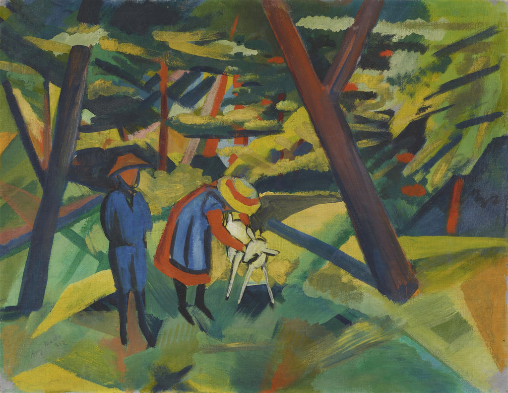 Pintura expressionista de August Macke mostrando duas figuras estilizadas em um bosque, uma delas interagindo com um bode branco. As cores são vibrantes, predominando tons de verde, azul e amarelo, com pinceladas marcantes de marrom e vermelho nos troncos das árvores e nas roupas.