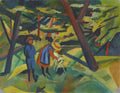 Pintura expressionista de August Macke mostrando duas figuras estilizadas em um bosque, uma delas interagindo com um bode branco. As cores são vibrantes, predominando tons de verde, azul e amarelo, com pinceladas marcantes de marrom e vermelho nos troncos das árvores e nas roupas.