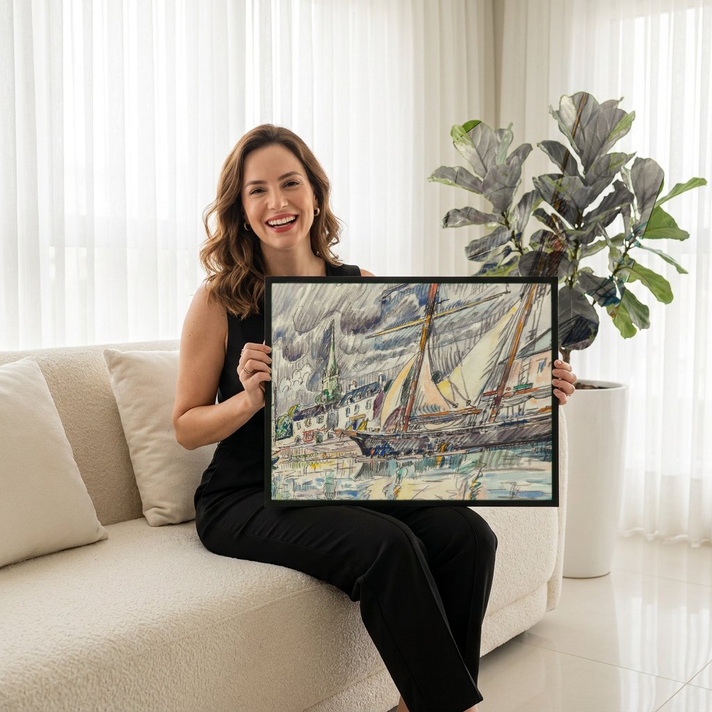 Quadro Decorativo Porto de Honfleur - Paul Signac com modelo em ambiente