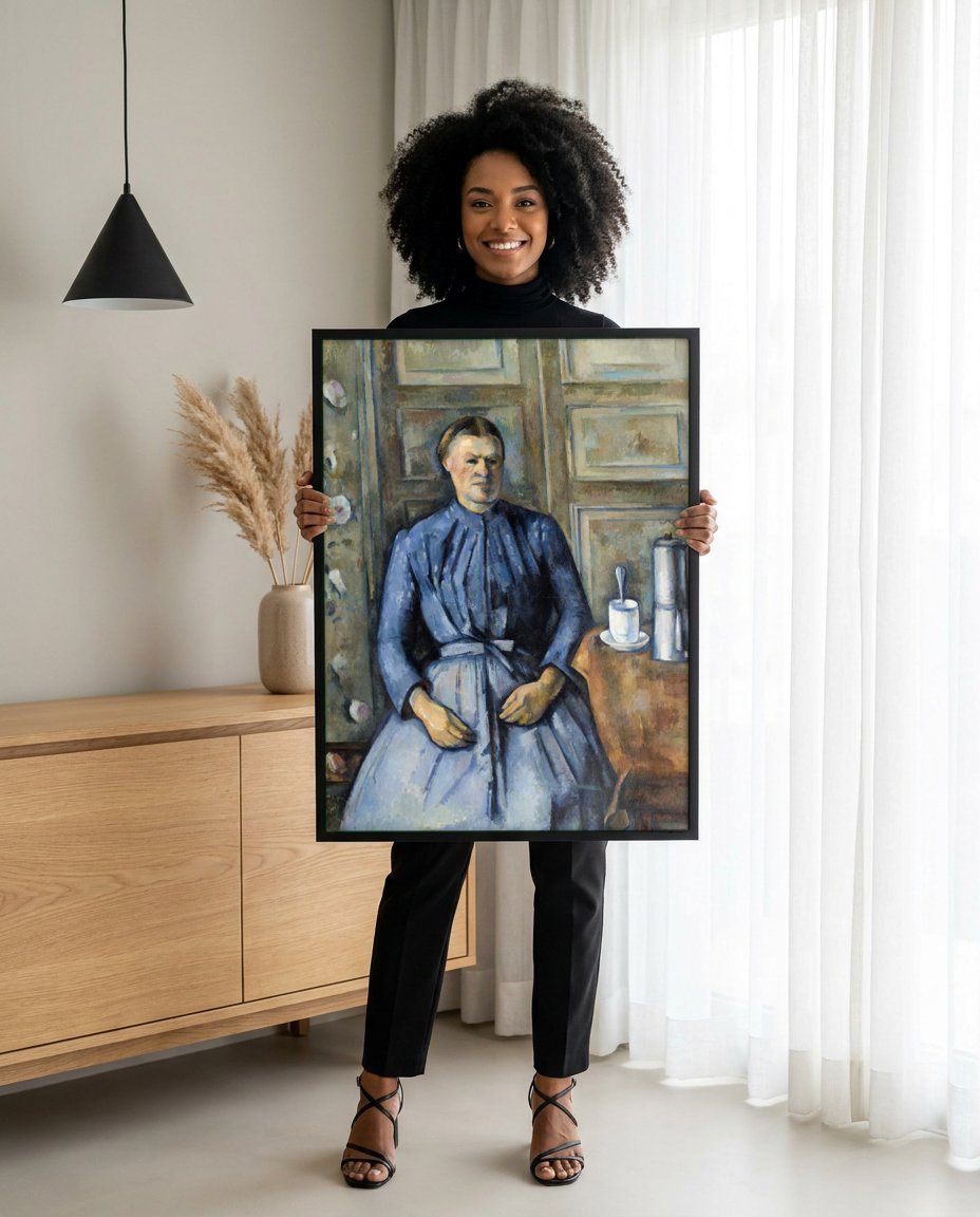 Quadro Decorativo A Mulher no Azul - Paul Cézanne com modelo em ambiente