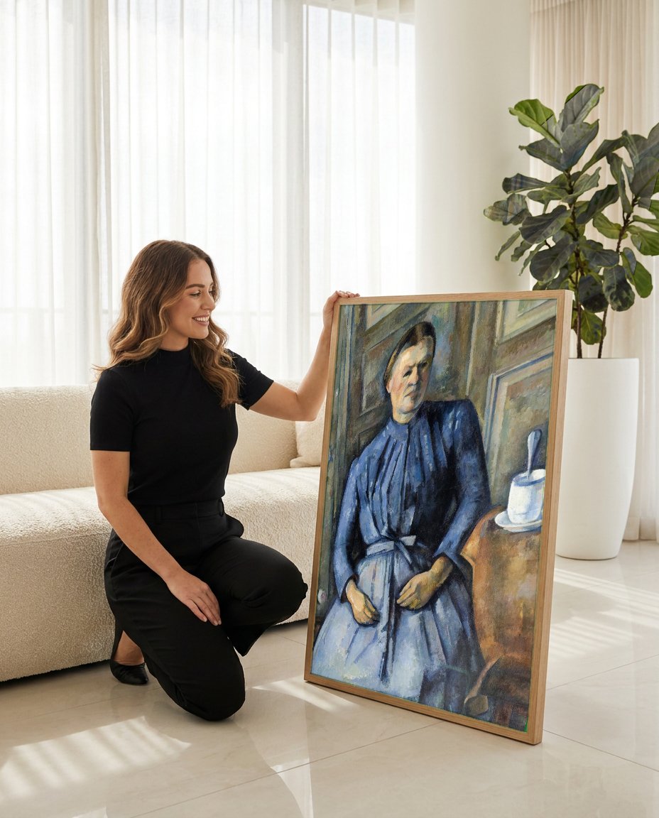 Quadro Decorativo A Mulher no Azul - Paul Cézanne com modelo em ambiente