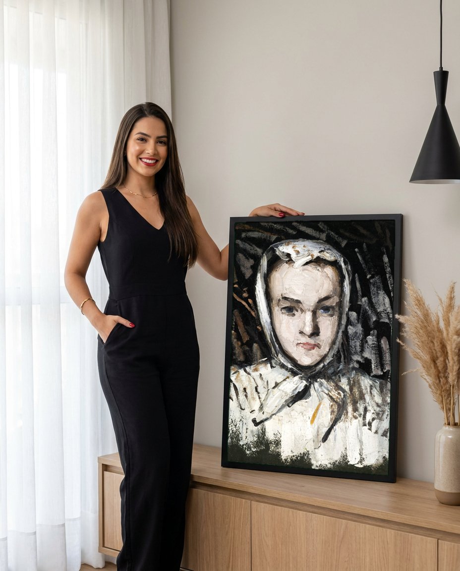 Quadro Decorativo Retrato de Mulher - Paul Cézanne com modelo em ambiente