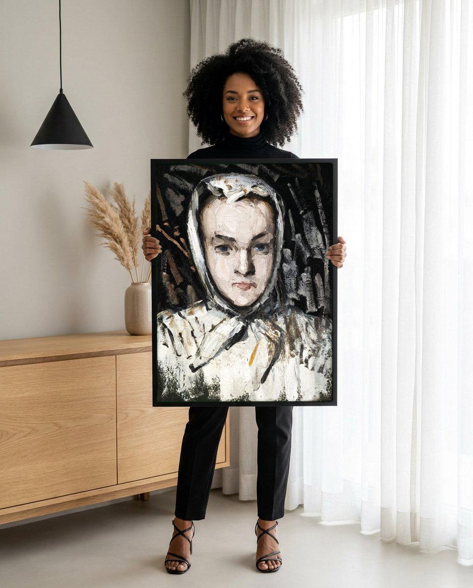 Quadro Decorativo Retrato de Mulher - Paul Cézanne com modelo em ambiente