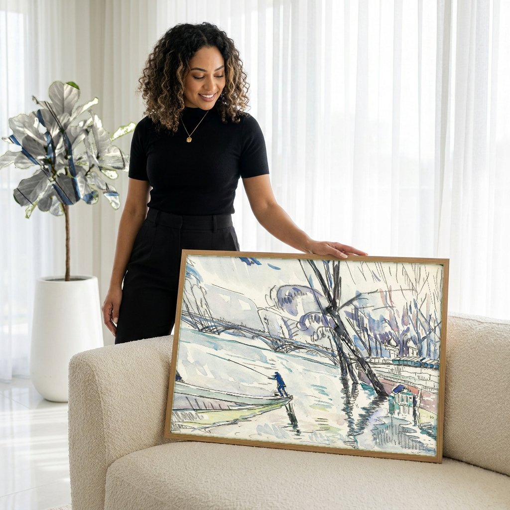 Quadro Decorativo Pescador no Sena - Paul Signac com modelo em ambiente