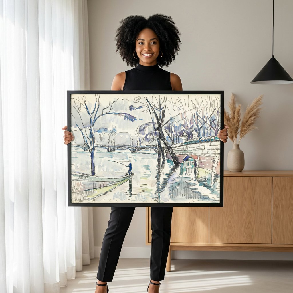 Quadro Decorativo Pescador no Sena - Paul Signac com modelo em ambiente