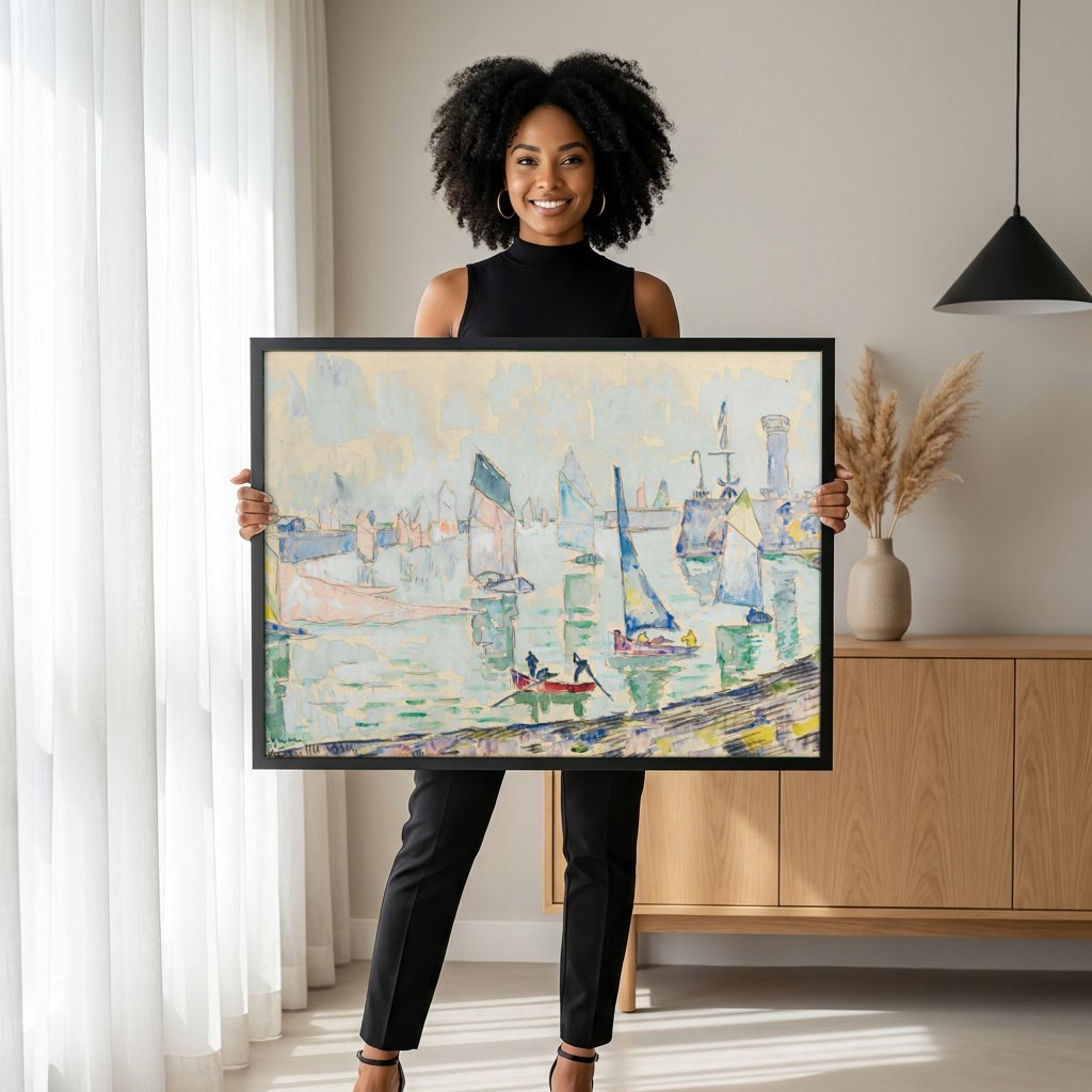 Quadro Decorativo Porto com Barcos - Paul Signac com modelo em ambiente