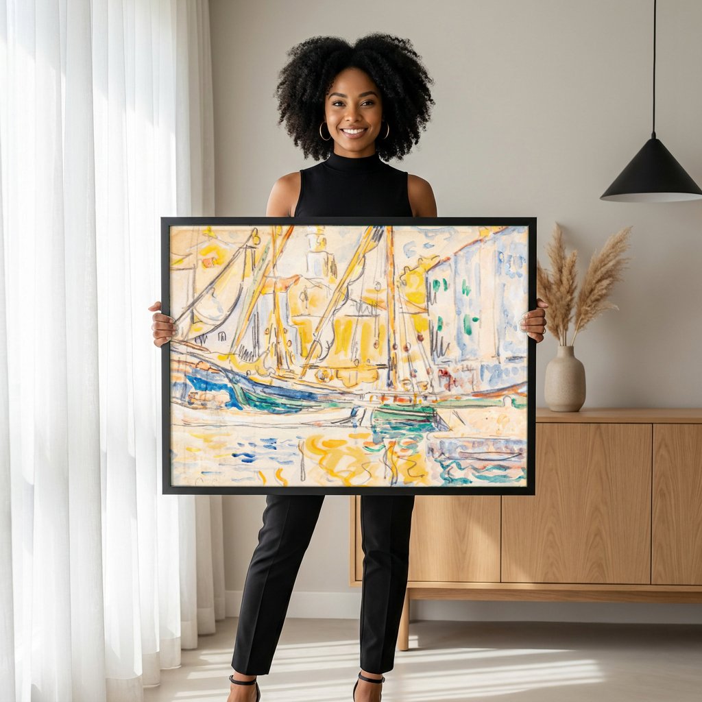 Quadro Decorativo Porto Ensolarado - Paul Signac com modelo em ambiente
