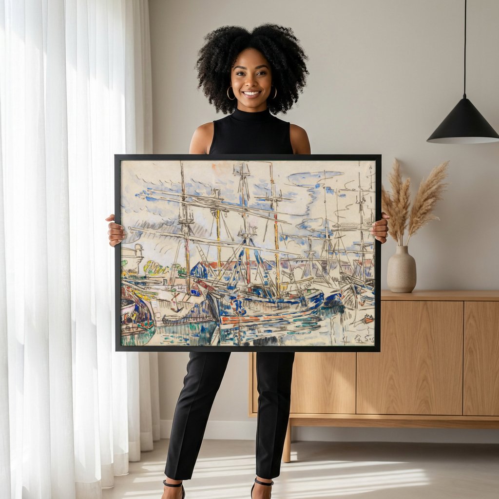 Quadro Decorativo Porto com Barcos - Paul Signac com modelo em ambiente