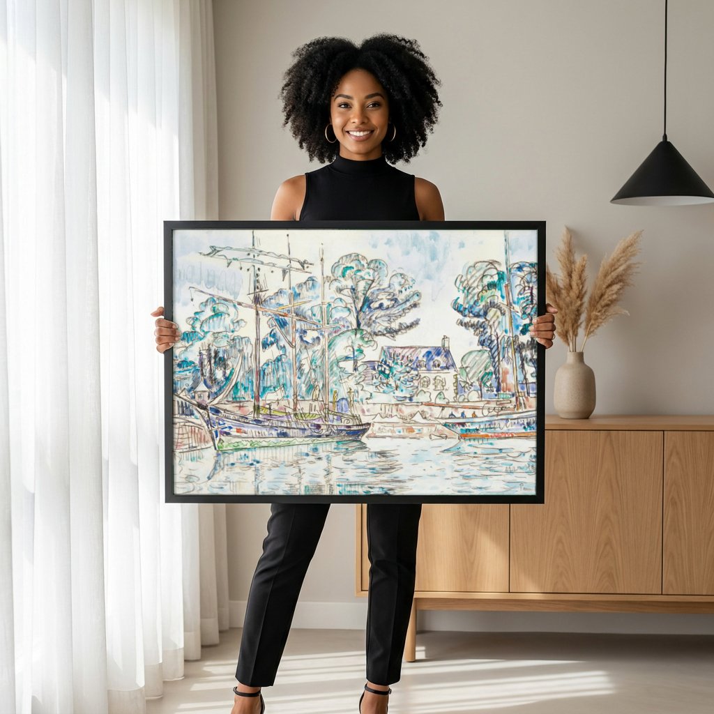 Quadro Decorativo Porto com Barcos - Paul Signac com modelo em ambiente