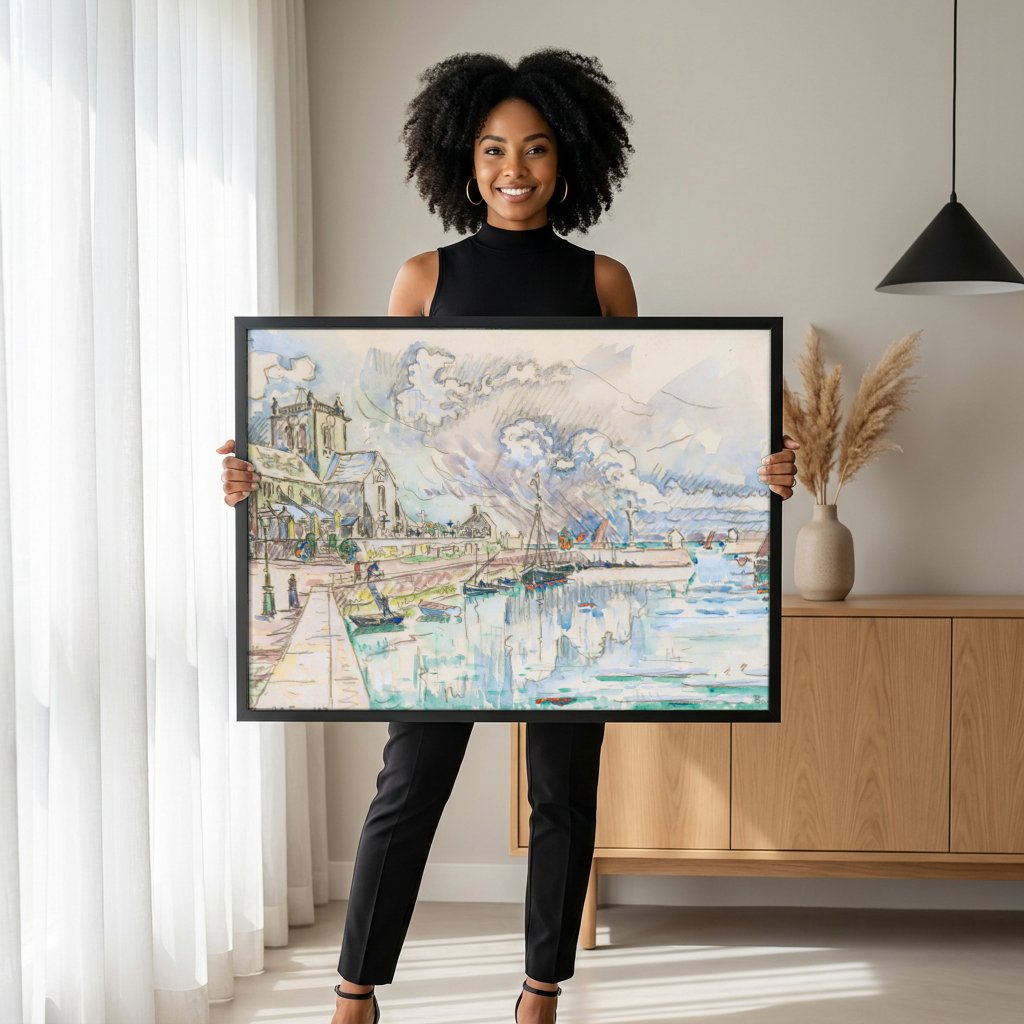 Quadro Decorativo Porto de Barfleur - Paul Signac com modelo em ambiente